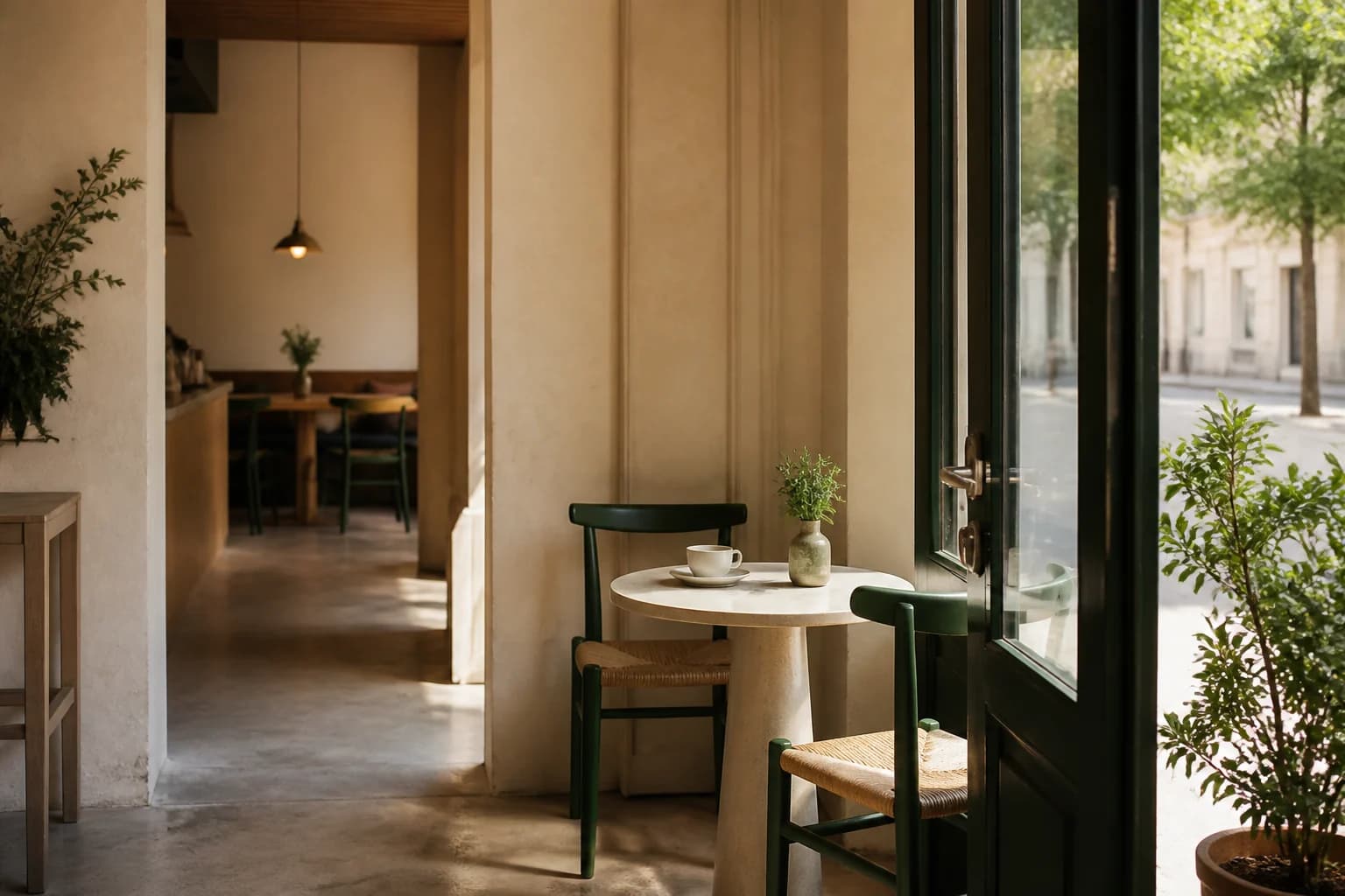 A welcoming cafe entrance with a small table, green chairs and a coffee cup