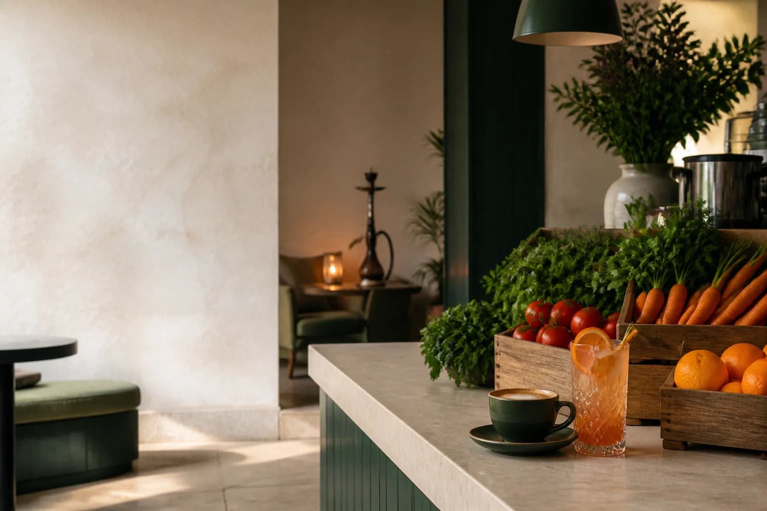 Cafe counter with coffee, citrus drink, fresh produce and a lounge beyond