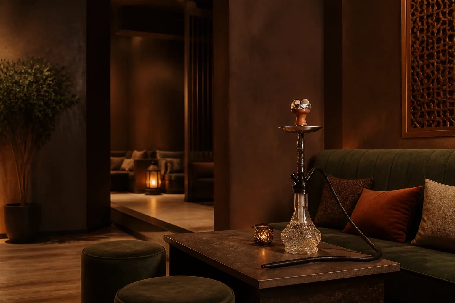 An elegant traditional shisha pipe in a warm, intimate lounge