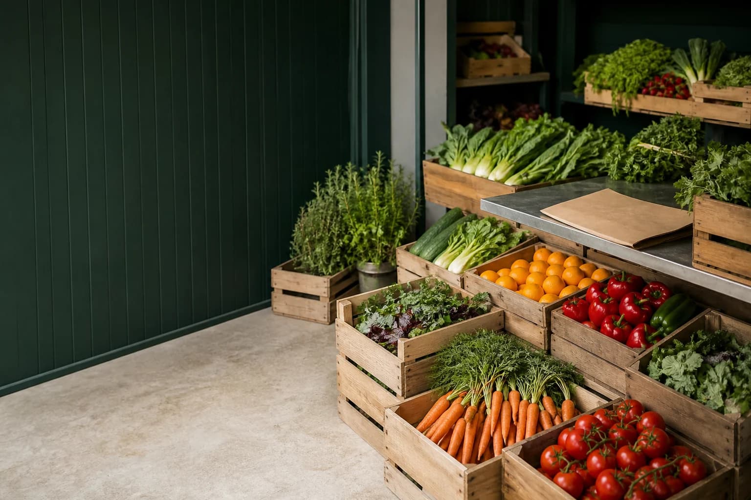 Fresh vegetables and fruit arranged for trade supply in wooden crates