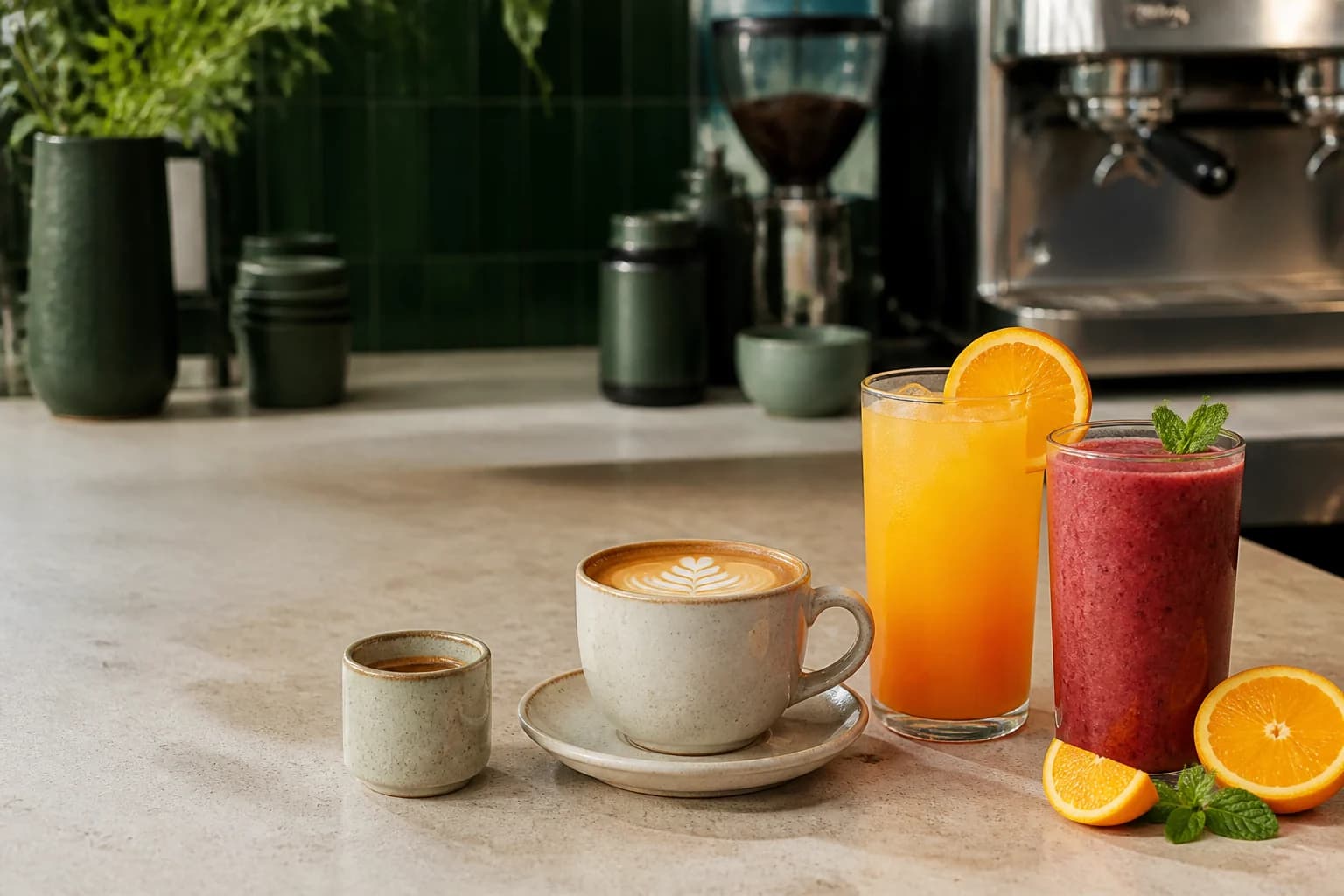 Artisan coffee, espresso, fresh orange juice and berry smoothie on the cafe counter